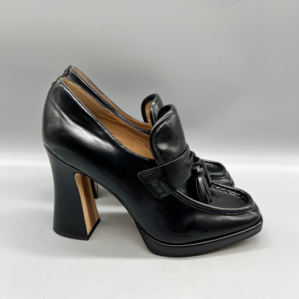 Sam Edelman Shoes Womens 9.5 Black Tassel Heeled Loafers Platform Block Heel
